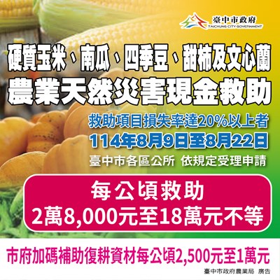 1140808_硬質玉米、南瓜、四季豆、甜柿及文心蘭天然災害現金救助