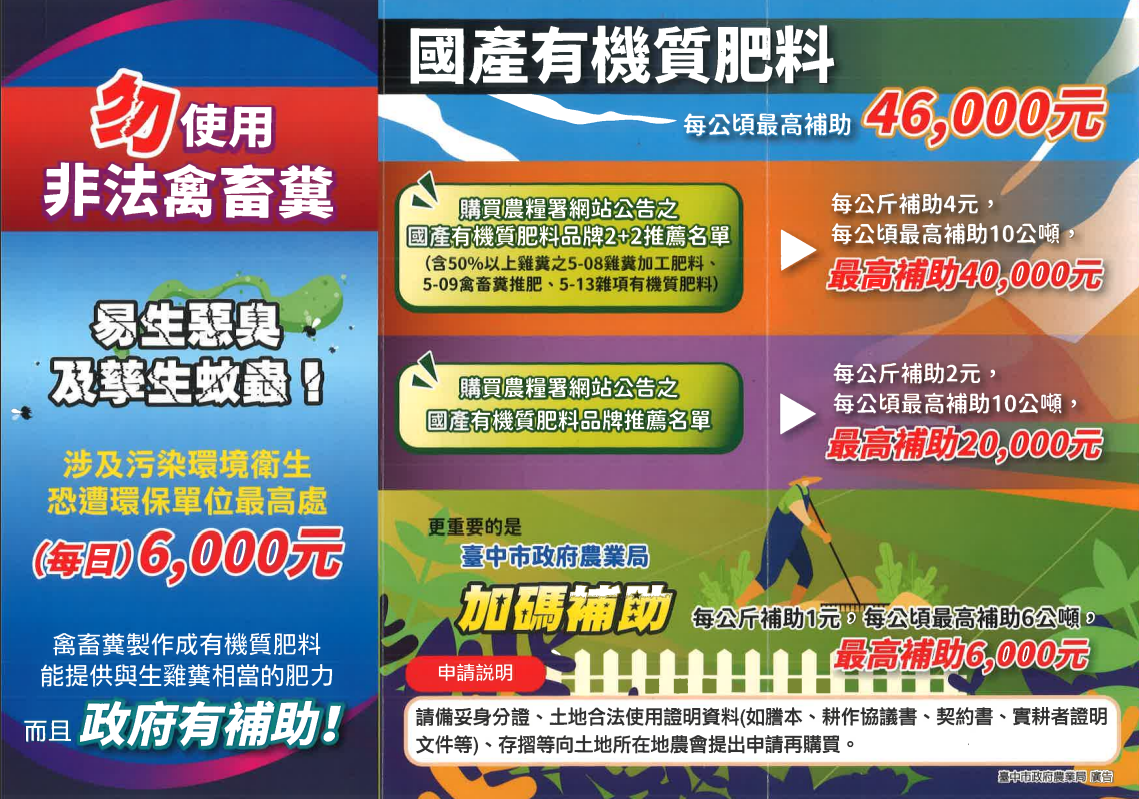 勿用生雞糞並善用國產有機質暨微生物等農田地力肥料補助資源