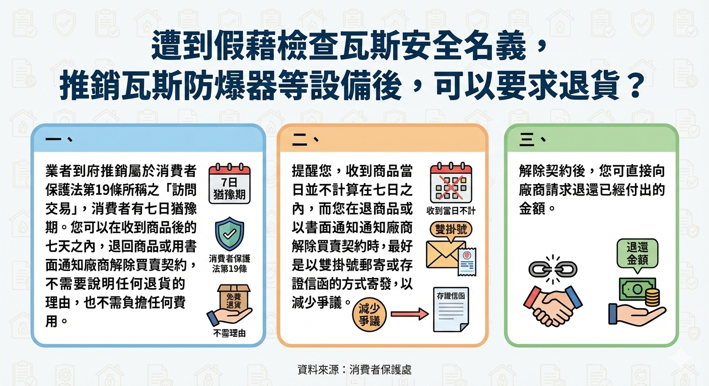 遭到假藉檢查瓦斯安全名義，推銷瓦斯防爆器等設備後，可以要求退貨？