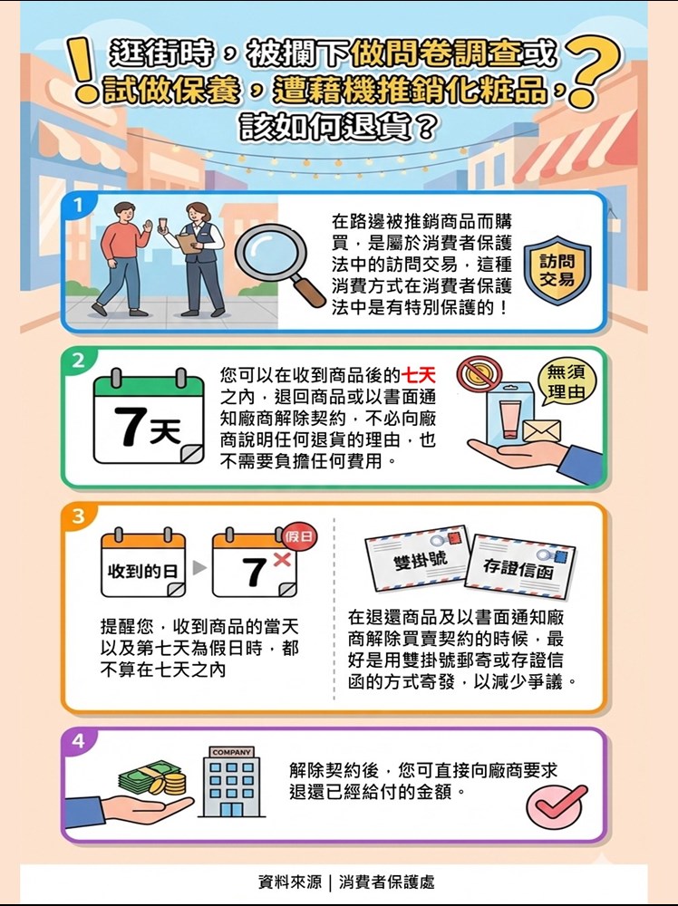 逛街時，被攔下做問卷調查或試做保養，遭藉機推銷化粧品，該如何退貨？